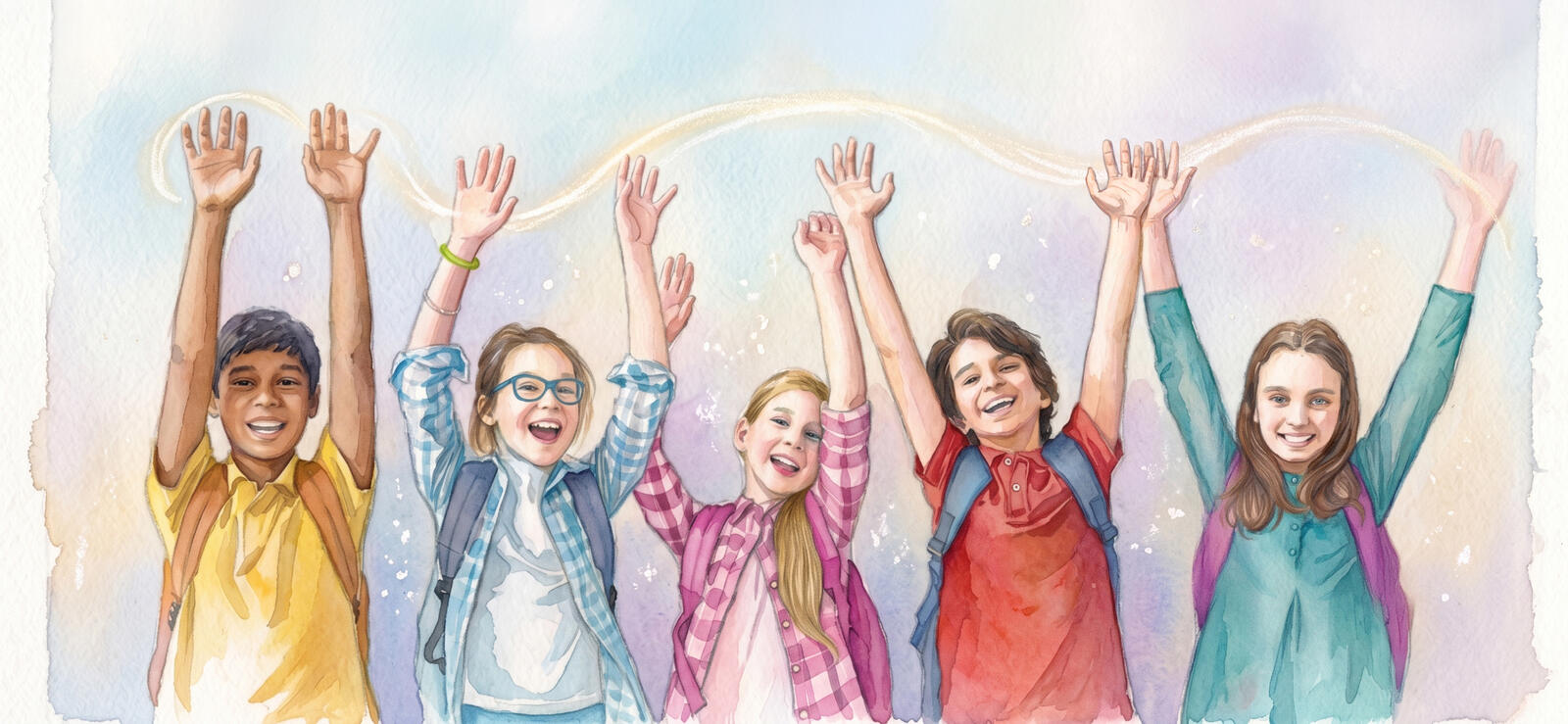 Aquarell: fünf Schulkinder jubeln mit erhobenen Armen, über ihnen ein goldener Schwung