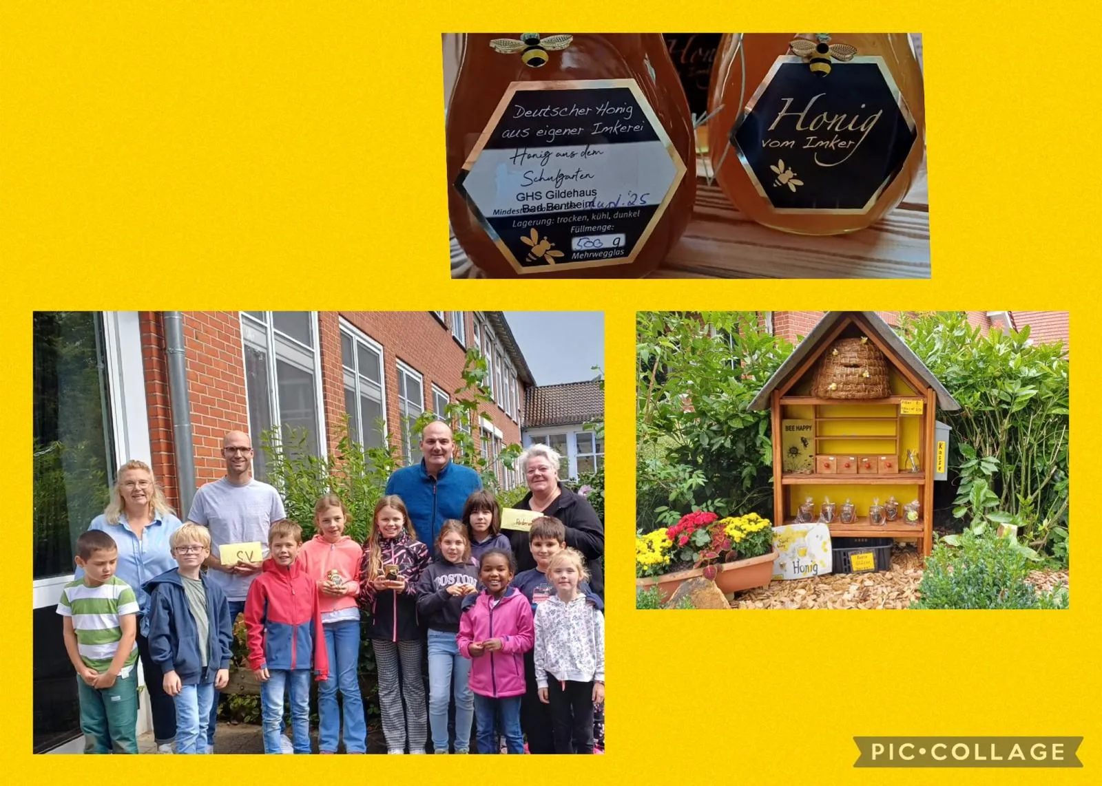 Collage: Gläser mit „Honig aus dem Schulgarten“, die Bienen-AG mit den Umschlägen für SV und Förderverein und der Honigstand am Bienenhaus.