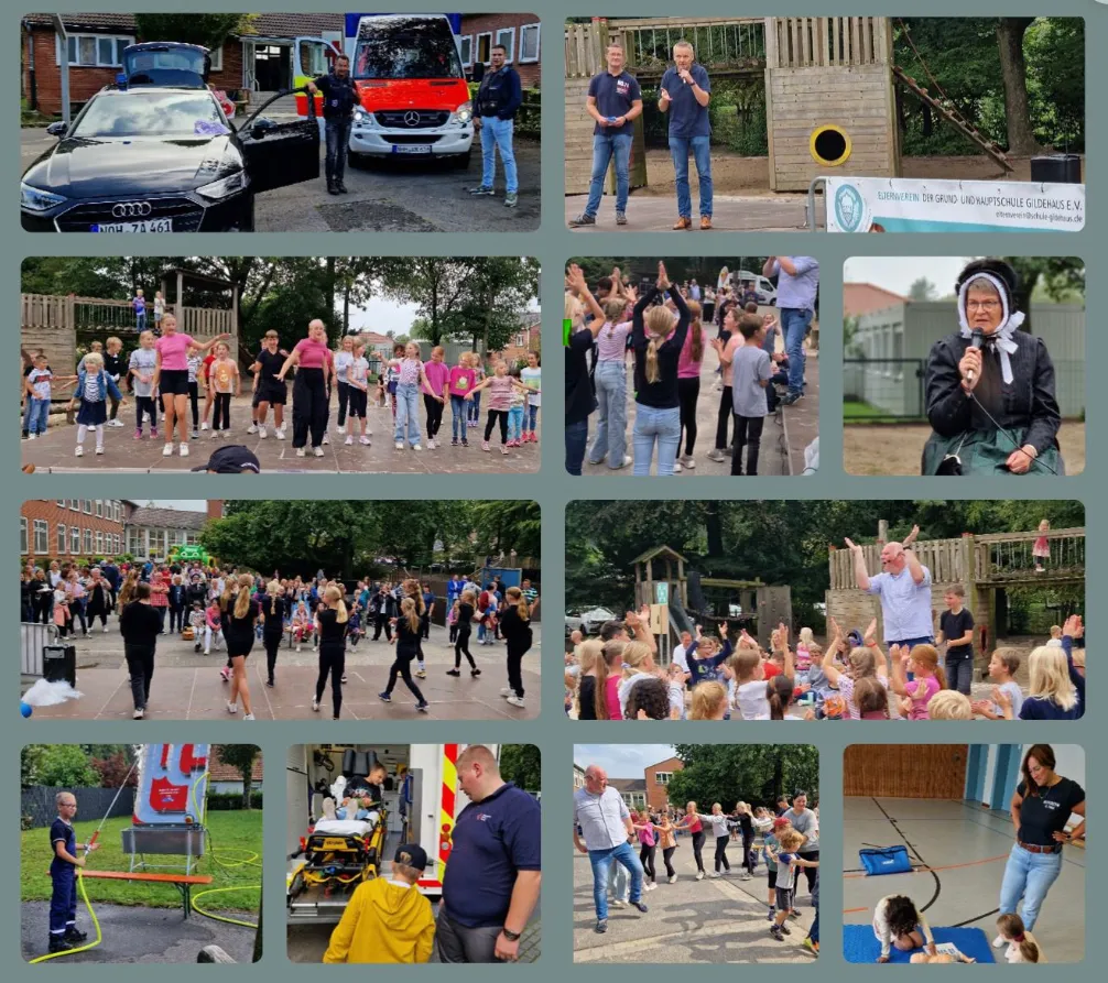 Bildcollage vom Schulfest 2023: Feuerwehr- und Polizeifahrzeuge, Tanzvorführungen auf dem Schulhof, eine Erste-Hilfe-Station und eine Vorleserin in historischer Tracht.