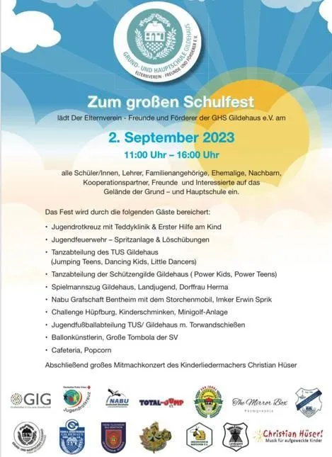 Einladungsplakat zum Schulfest am 2. September 2023 mit dem Programm des Tages und den Logos der Kooperationspartner.